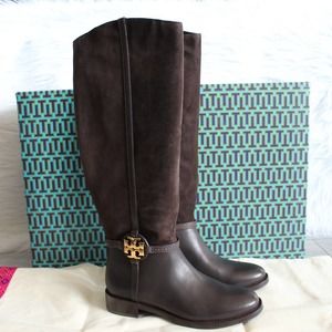 Tory Burch Miller Brown Leather Logo Knee High Tall Riding Boots